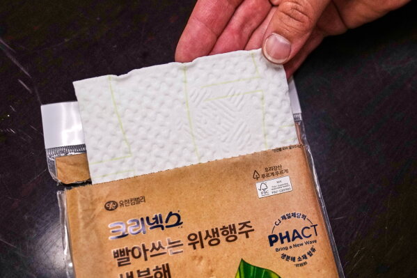 A multi-use compostable paper towel that contains plastic from plants is displayed at CJ Biomaterials, Monday, Aug. 3, 2026, in Woburn, Mass. (AP Photo/Charles Krupa)