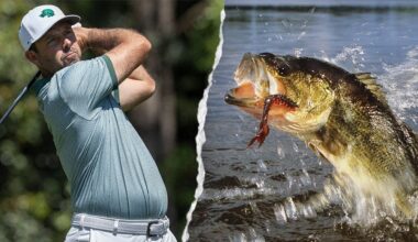 Largemouth bass explodes from water to eat Charl Schwartzel's golf ball at LIV Golf New York
