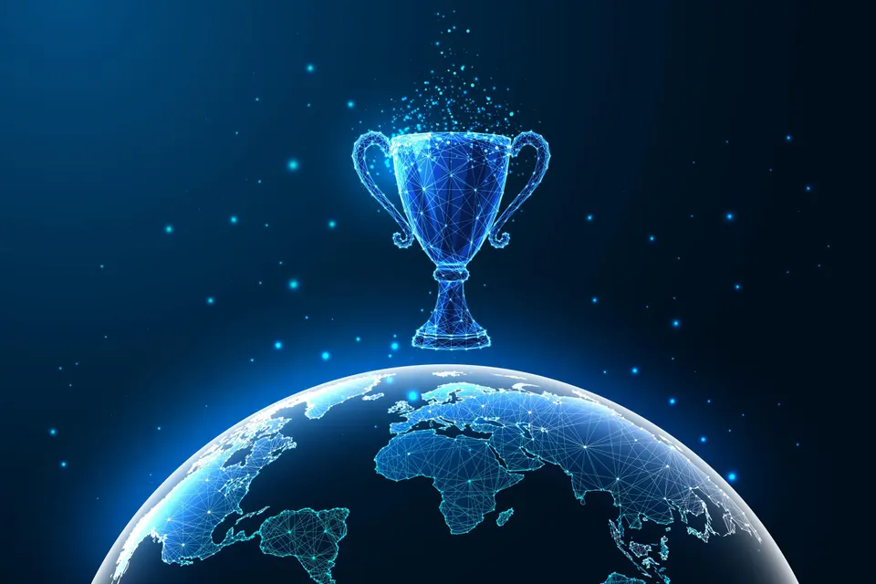 Global achievement, success through innovation, cutting-edge technology concept. World map, trophy