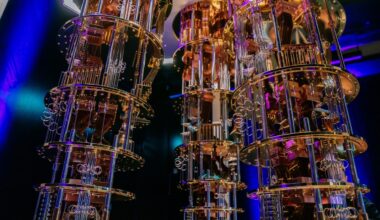 Advanced quantum computer with intricate circuits and glowing interface, illustrating cutting-edge technology innovations