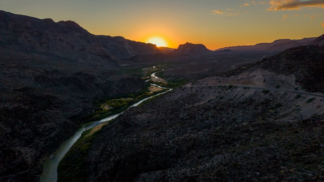 The Rio Grande, shown in an aerial view, divides the United States (right) and Mexico and gives the Big Bend region its name.