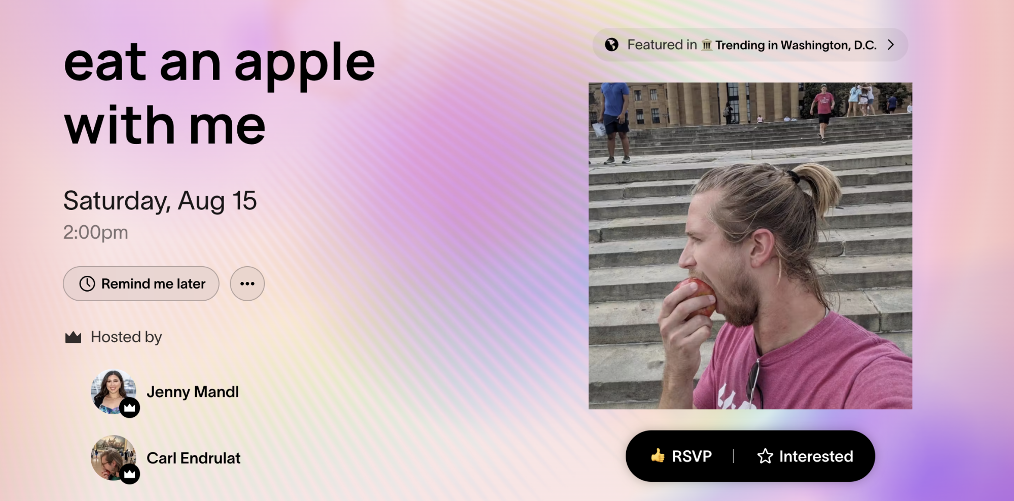 A screenshot of an invite to a gathering where people will eat apples.