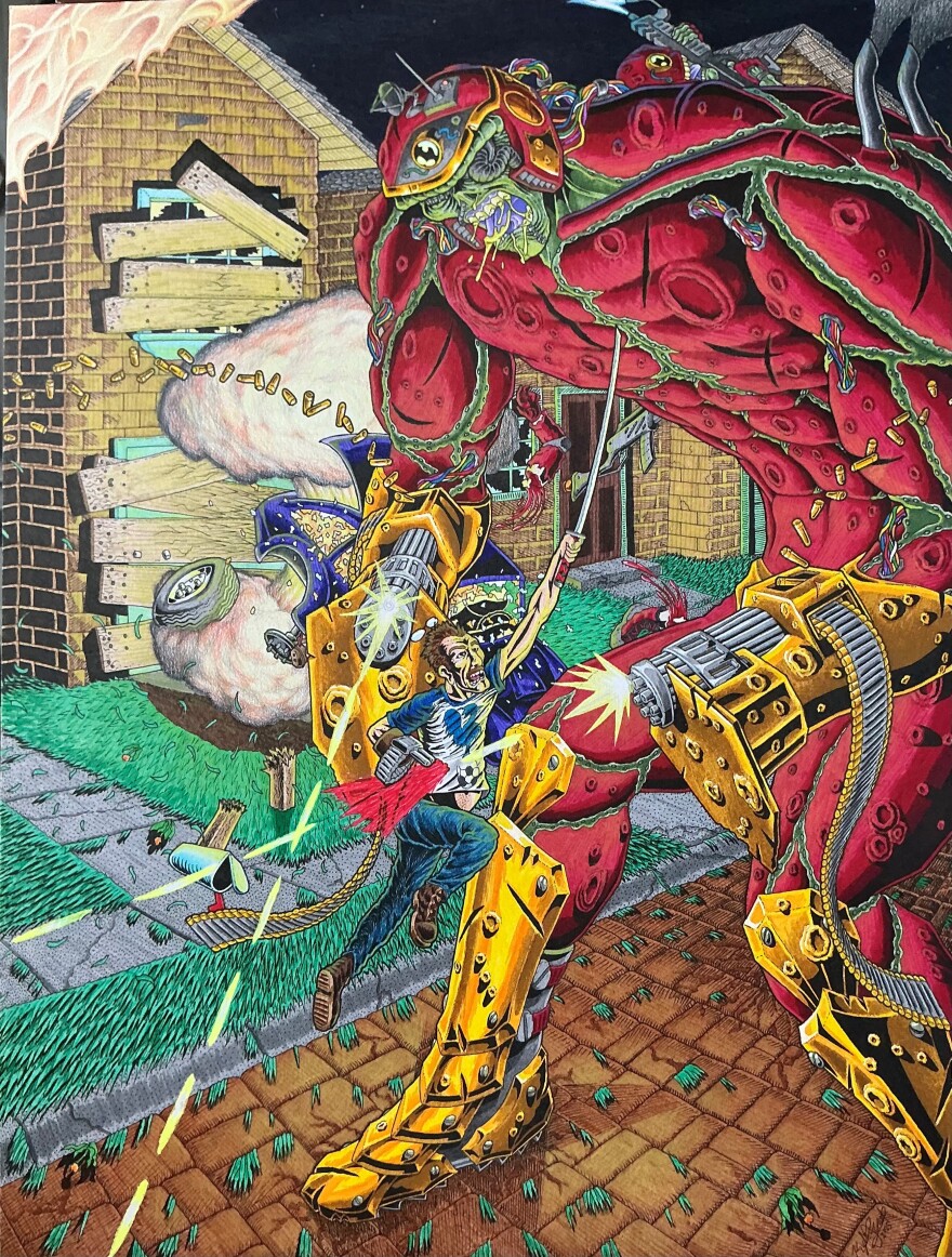 The illustration “Ordinary Stand” depicts a battle between a man armed with a machine gun and a sword and a red, crater-skinned and armor-protected monster who is nearly eight times the man's size.