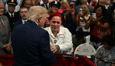 President Donald Trump exits speech stage to hug Jacob Freytes' grieving parents