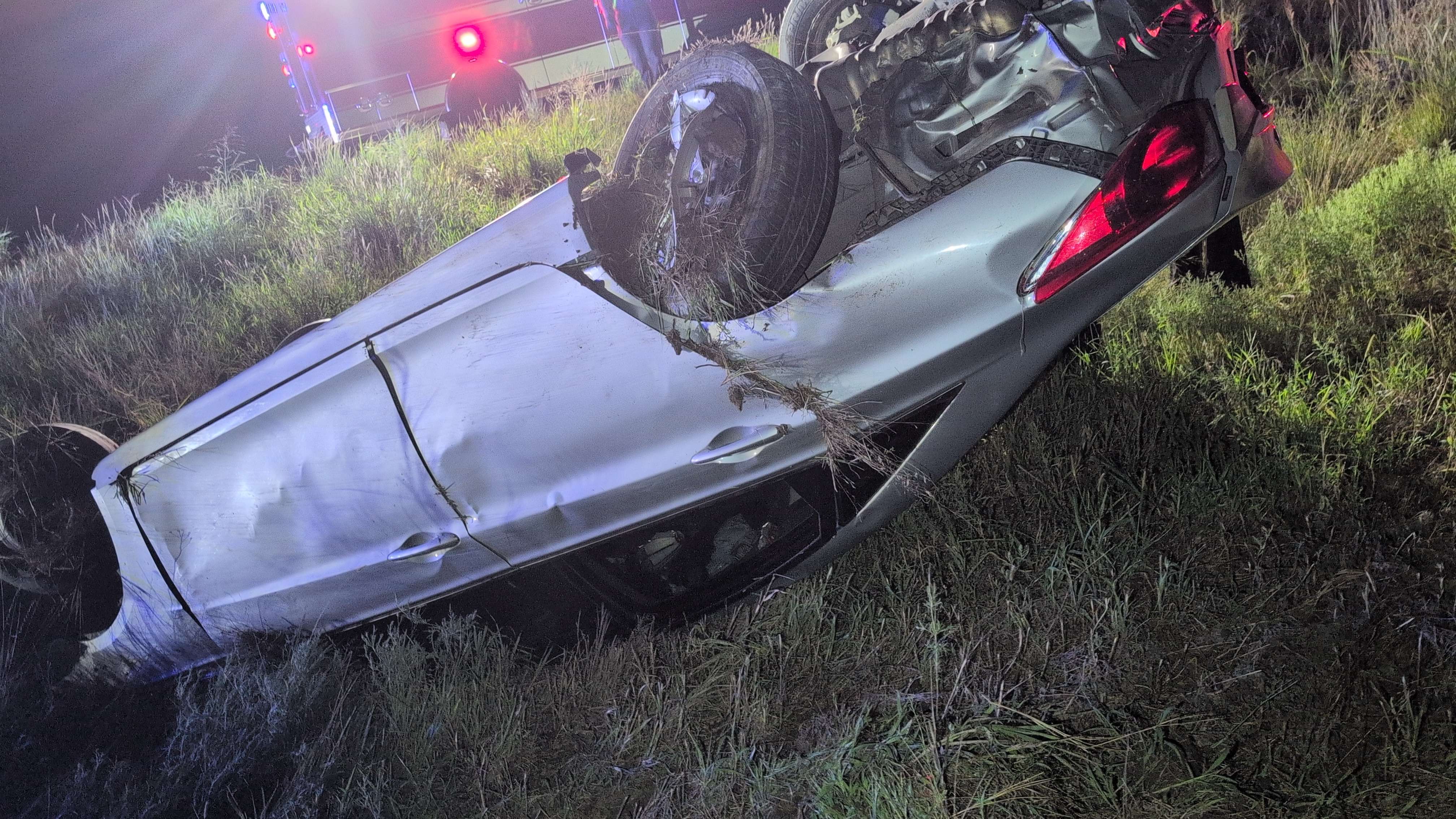 Silver 2011 Hyundai Sonata rests on roof after driver avoids deer in the 2100 block S. Simpson Road - Saline County Sheriff's Office