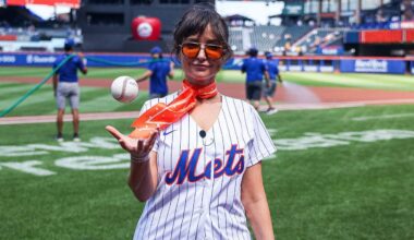 AT&T star Milana Vayntrub shows off her arm during first pitch at Mets game, WNBA flying object & LLWS grass