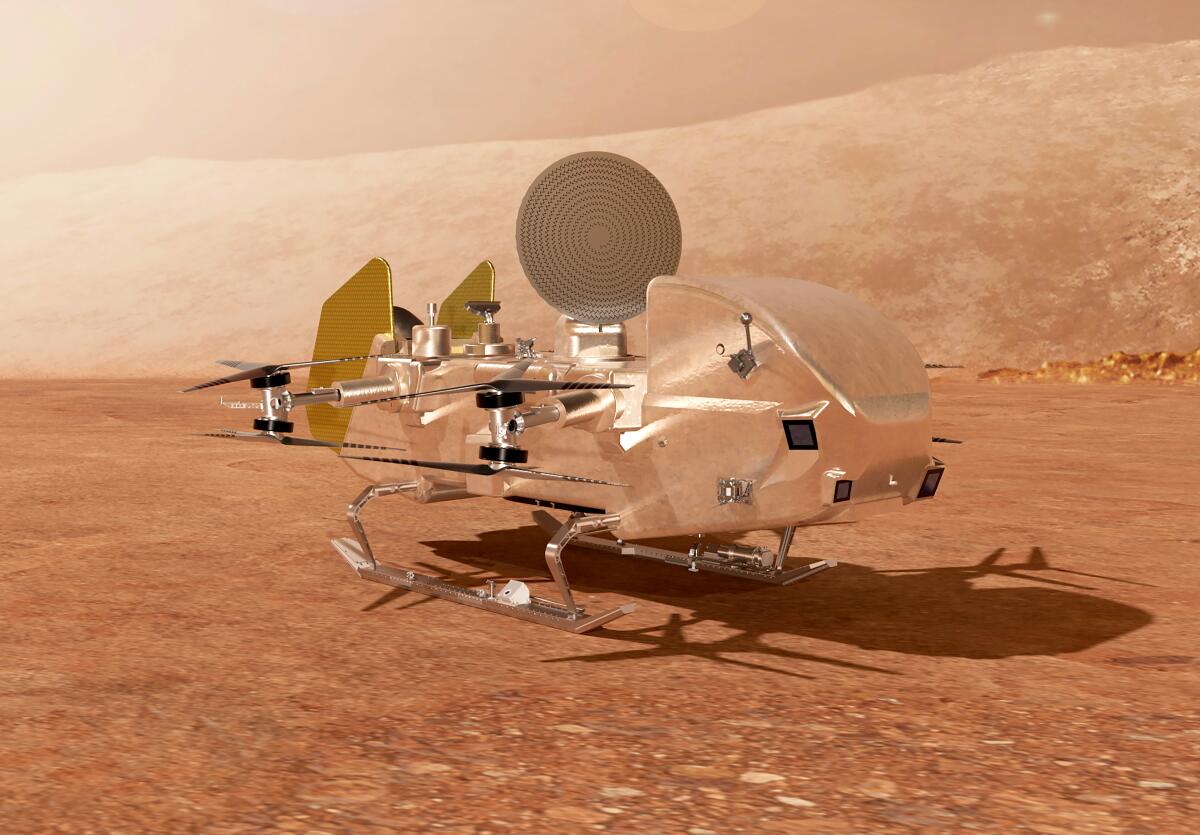 An artist's rendering of Dragonfly collecting samples on the surface of Titan. 