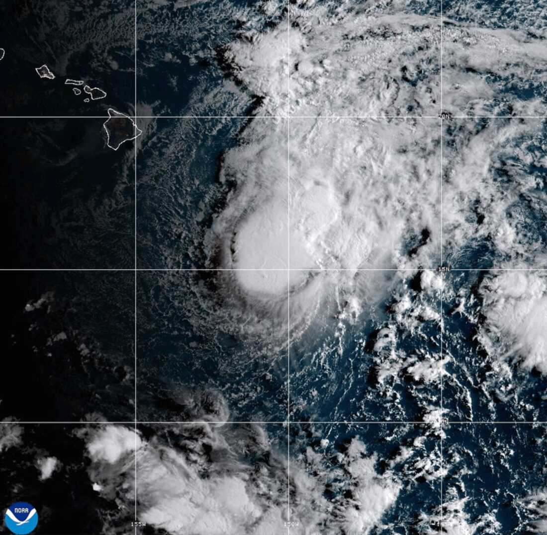 This NOAA satellite image taken Saturday, Aug. 22, 2026, shows Tropical Storm Moke advancing towards Hawaii in the Pacific Ocean.