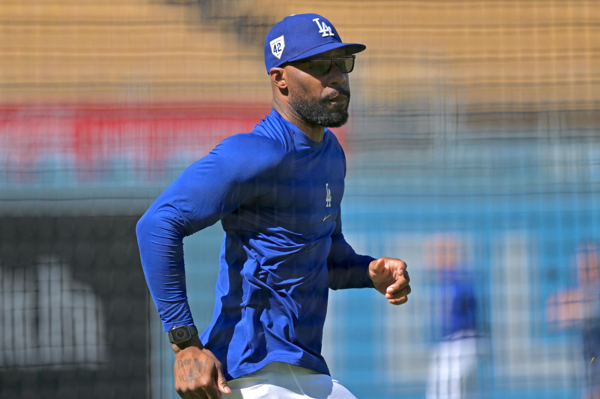 Dodgers special assistant to baseball operations Jason Heyward stands on the field before a game against the Seattle Mariners
