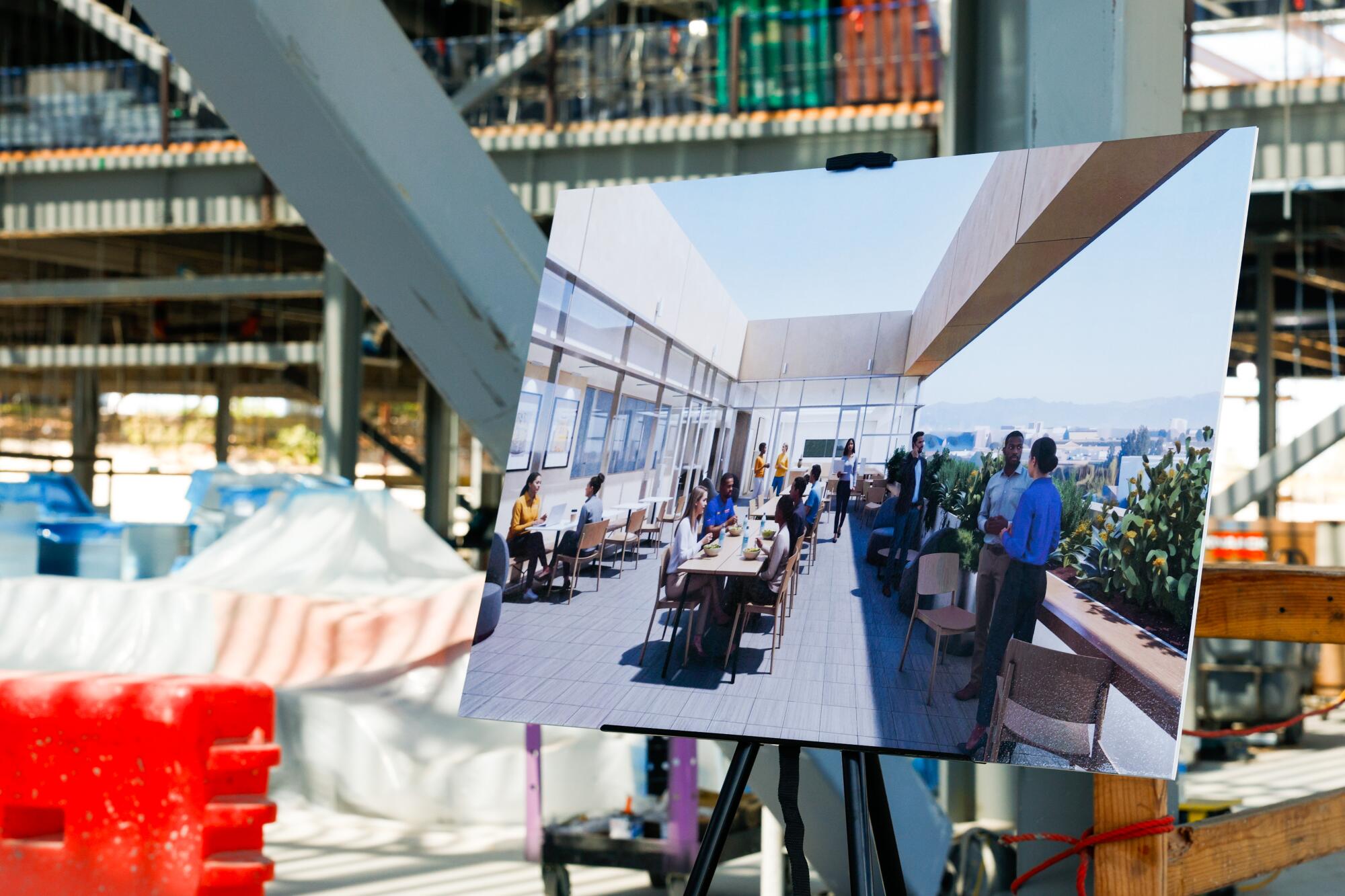 Photo of a rendering of the outside of the Sparks' new training facility, including a dining area.