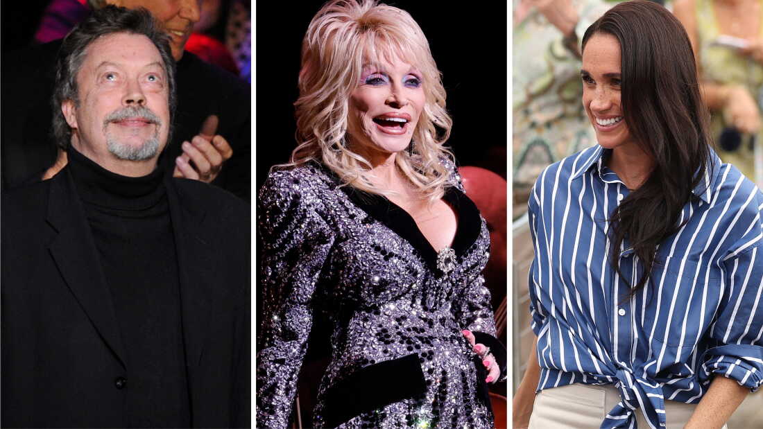 From left: Tim Curry, Dolly Parton, the Duchess of Sussex.