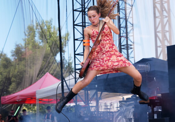 Kate Halter of Die Spitz performs at the Daisy Chain Fields Music Festival on Saturday, Aug. 29, 2026, at Great Park in Irvine, Calif. (AP Photo/Chris Pizzello)