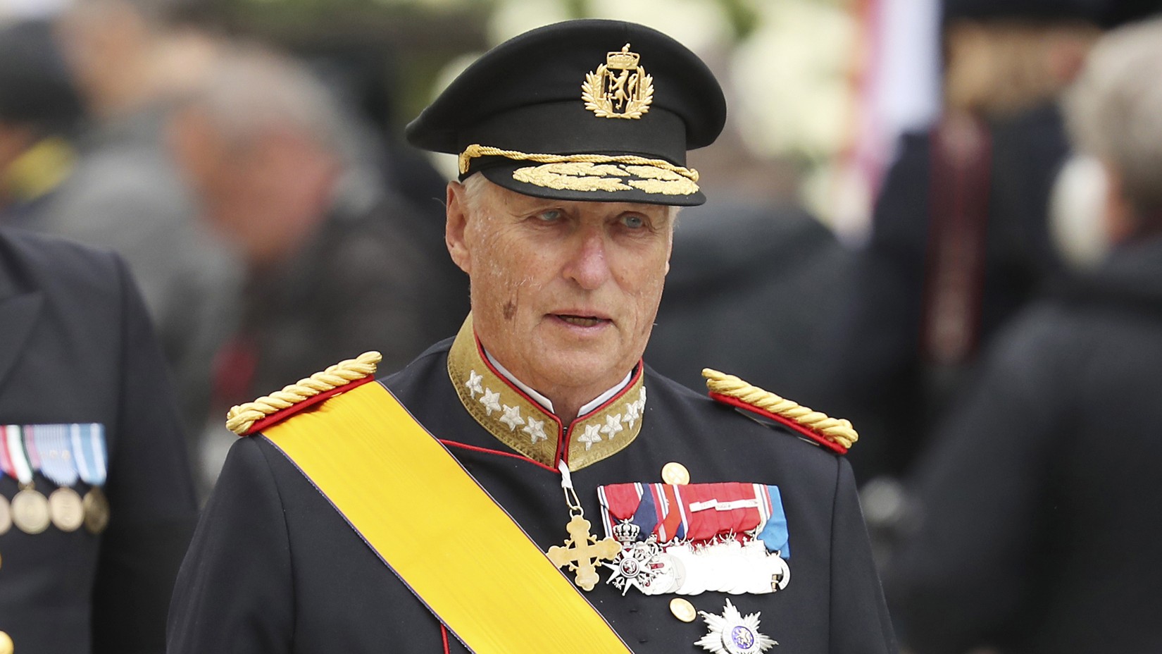 King Harald V of Norway and his wife Sonja leave the Notre Dame cathedral after attending at the funeral of the Grand Duke Jean of Luxembourg, in Luxembourg, on May 4, 2019.