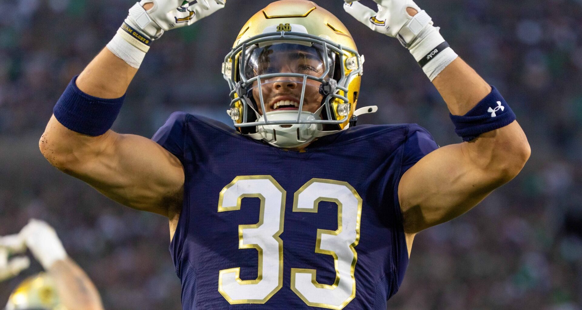 Sep 20, 2025; South Bend, Indiana, USA; A Notre Dame Fighting Irish wide receiver Matt Jeffery (33) tries to get the crowd excited against the Purdue Boilermakers during the second half at Notre Dame Stadium.