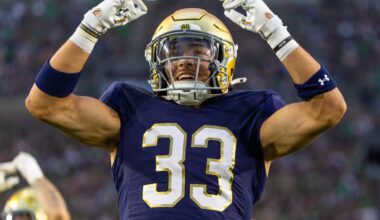 Sep 20, 2025; South Bend, Indiana, USA; A Notre Dame Fighting Irish wide receiver Matt Jeffery (33) tries to get the crowd excited against the Purdue Boilermakers during the second half at Notre Dame Stadium.