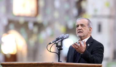 Iranian President Masoud Pezeshkian speaks during a visit to the shrine of the leader of Iran's 1979 Islamic Revolution, A...