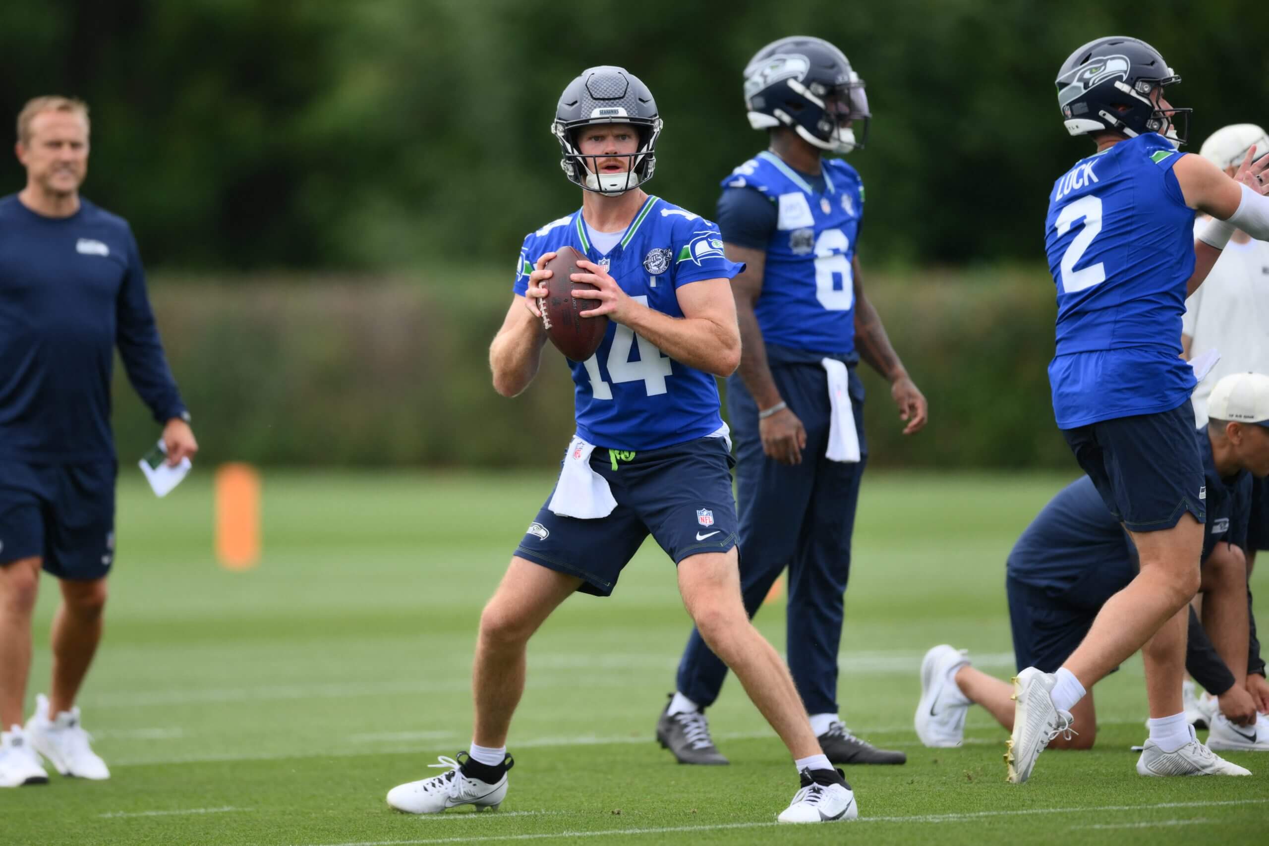 Seattle Seahawks quarterback Sam Darnold (14) during the first training camp at Virginia Mason Athletic Center.