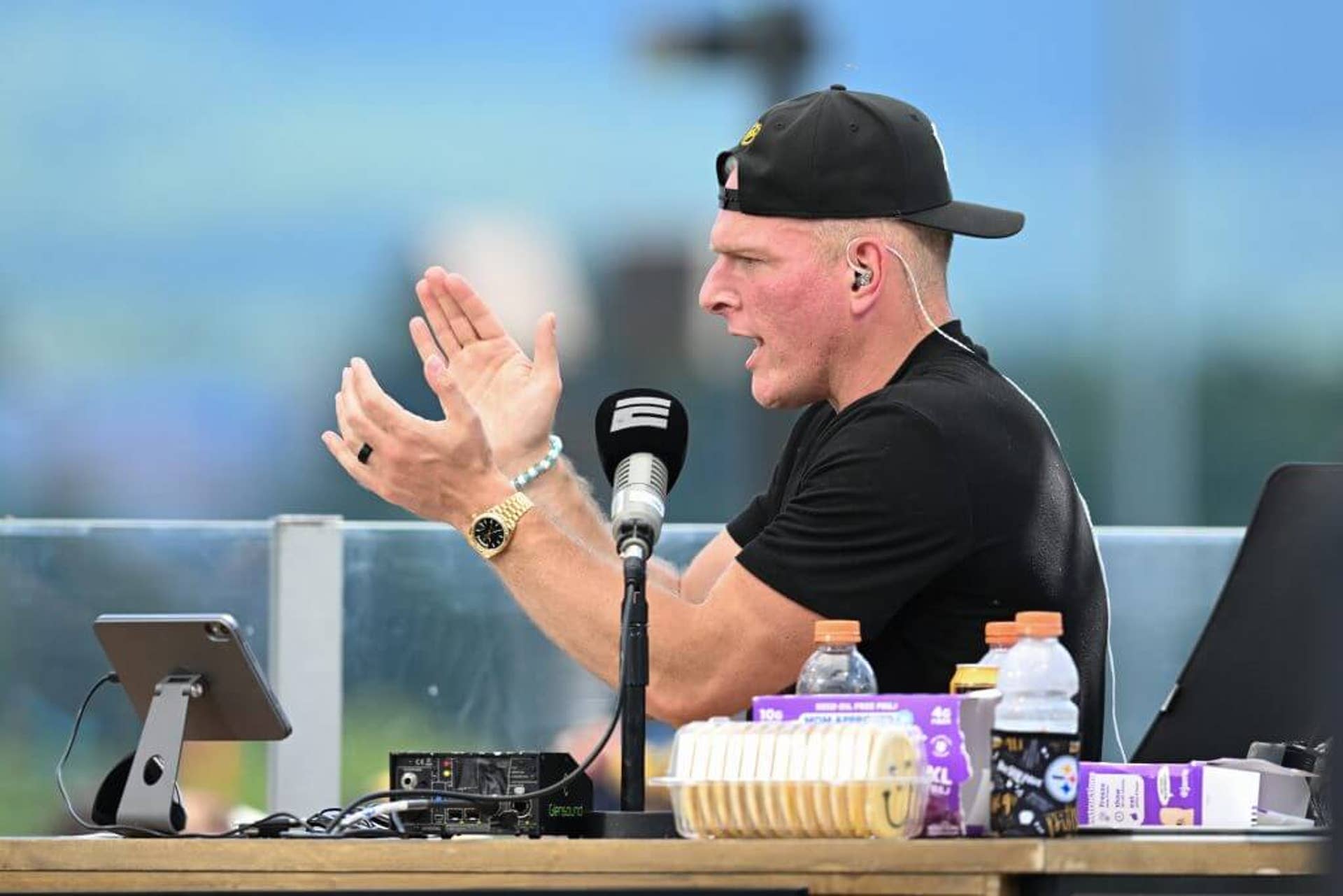 Pat McAfee participates in a recording of The Pat McAfee Show at Pittsburgh Steelers Training camp at Saint Vincent College.