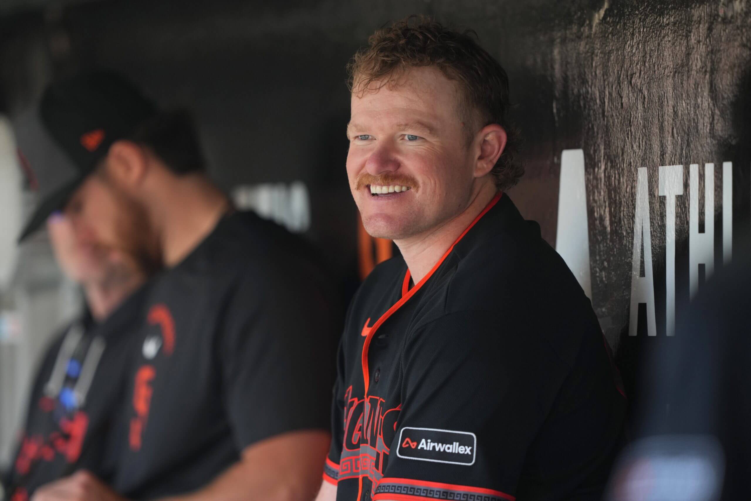 San Francisco Giants starting pitcher Logan Webb sits in the dugout during a game against the Colorado Rockies on Aug. 15, 2026.the sixth inning against the Colorado Rockies at Oracle Park. Mandatory Credit: Darren Yamashita-Imagn Images
