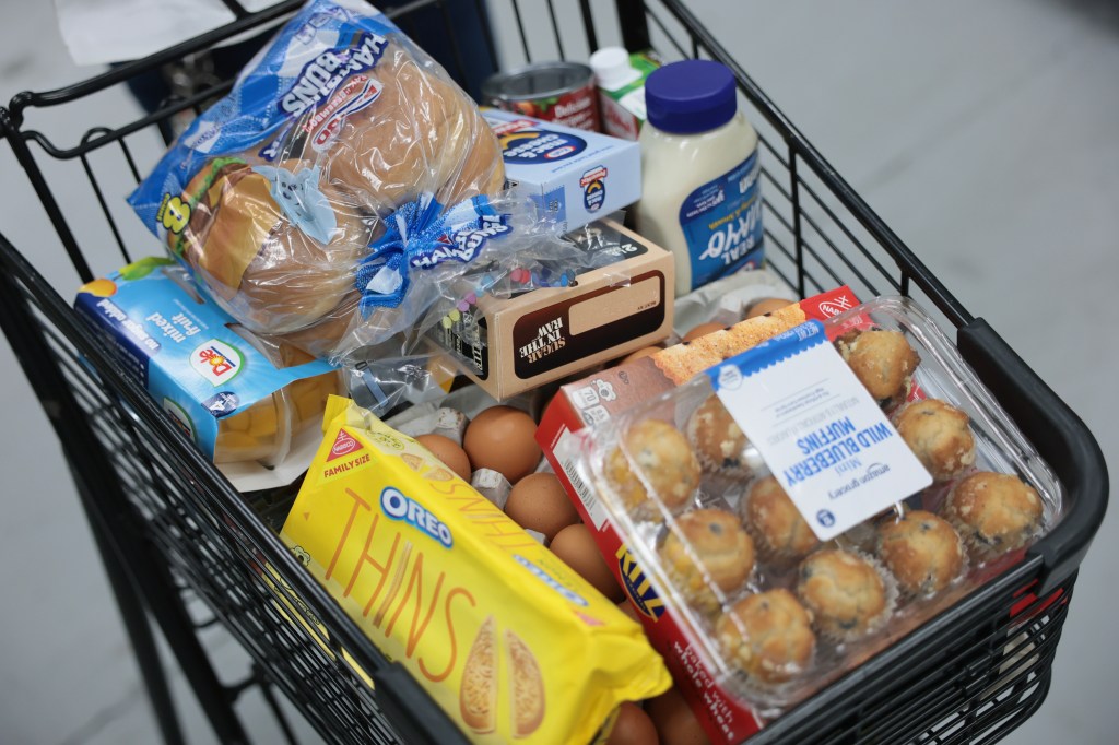 A grocery cart filled with hamburger buns, mixed fruit, sugar, mac and cheese, mayonnaise, eggs, muffins, and Oreo Thins.