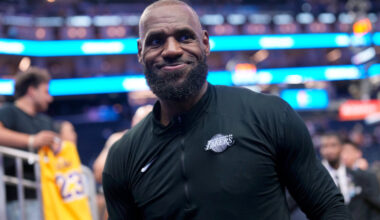 Los Angeles Lakers forward LeBron James (23) walks off the court after the game against the Golden State Warriors at the Chase Center.
