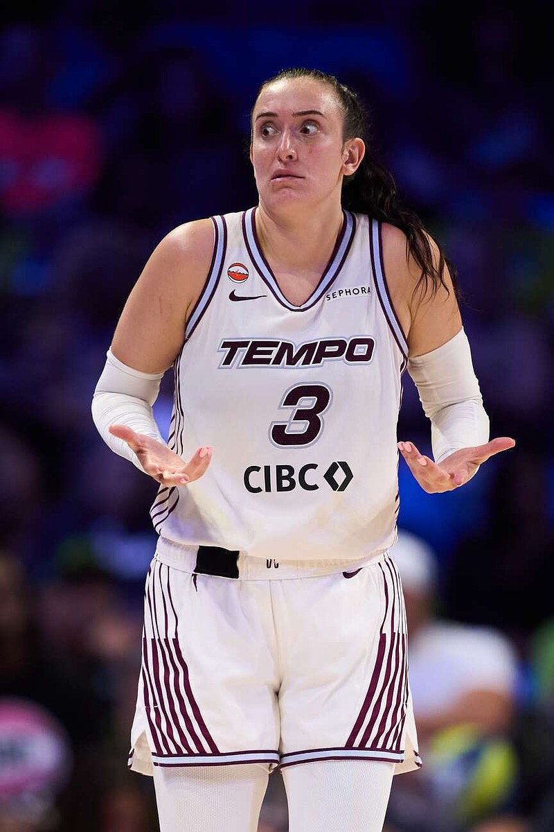 Toronto Tempo guard Marina Mabrey reacts to play in the second half of a WNBA basketball game against the Dallas Wings in Arlington, Texas, Wednesday, Aug. 12, 2026. (AP Photo/Tony Gutierrez)