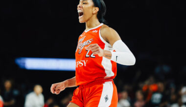 Aces center A'ja Wilson (22) reacts to a missed shot during a WNBA basketball game against ...