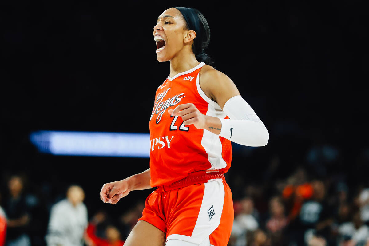 Aces center A'ja Wilson (22) reacts to a missed shot during a WNBA basketball game against ...