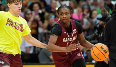 South Carolina guard Ta'niya Latson (00) drives during a practice at the NCAA college bask ...