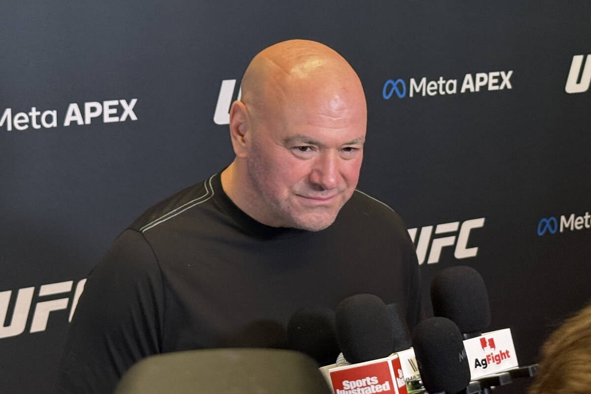 UFC president and CEO Dana Whit speaks to media at the Meta Apex on Monday, Aug. 10, 2026, (Mic ...