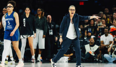 Aces head coach Becky Hammon yells at a referee before challenging a call during a WNBA basketb ...