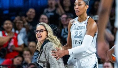 Aces head coach Becky Hammon rages on the court after a no-foul call on center A'ja Wilson (22) ...