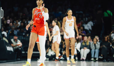 Aces center A'ja Wilson (22) walks off to the other end of the court after a foul is calle ...