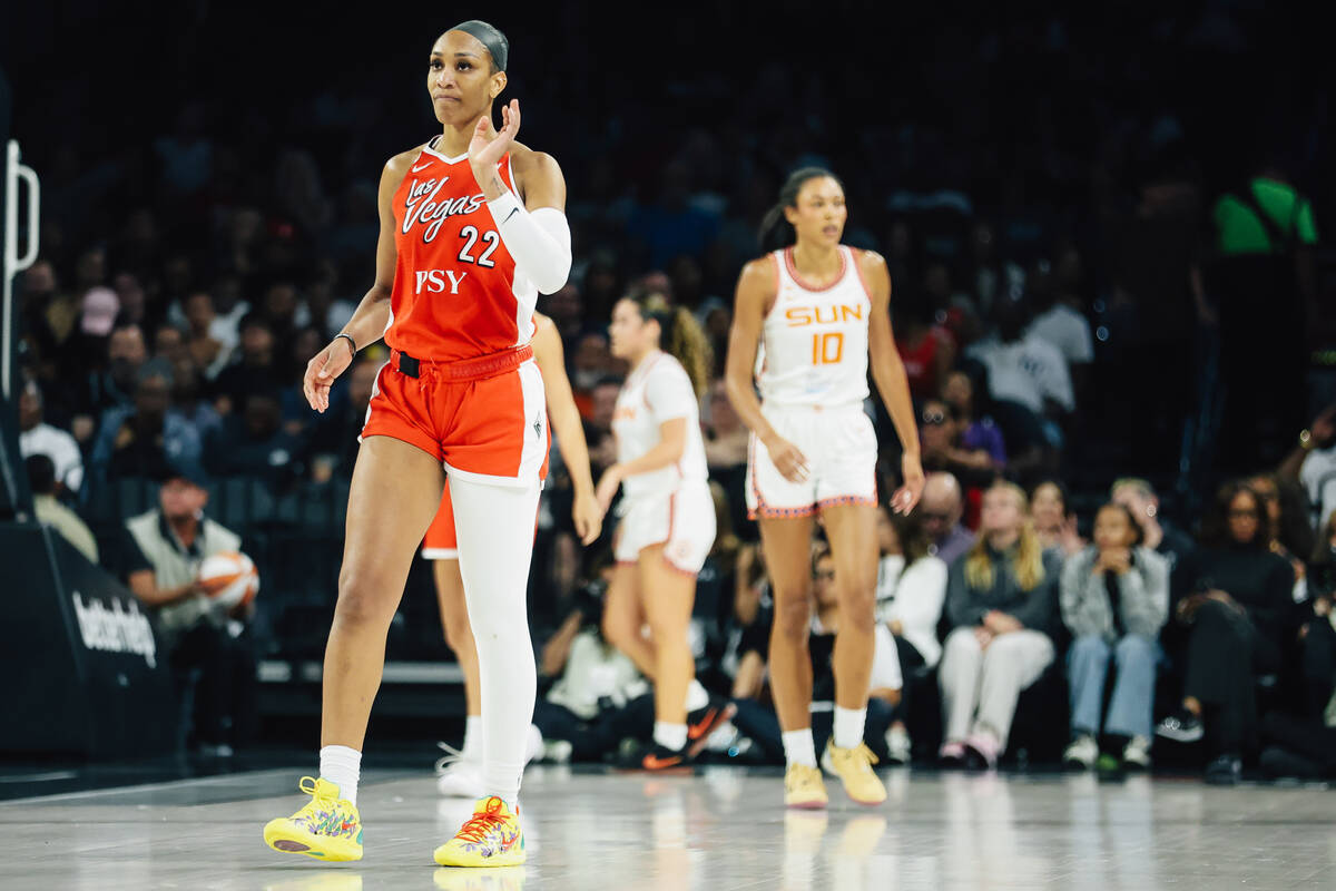 Aces center A'ja Wilson (22) walks off to the other end of the court after a foul is calle ...