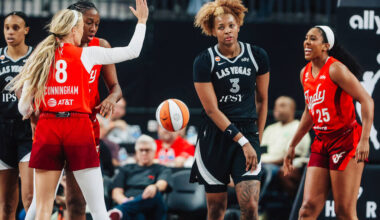 Aces forward NaLyssa Smith (3) reacts to a call bay a referee during a WNBA basketball game aga ...