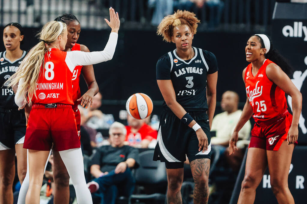 Aces forward NaLyssa Smith (3) reacts to a call bay a referee during a WNBA basketball game aga ...