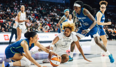 Aces forward NaLyssa Smith (3) fights against Minnesota Lynx forward Nia Coffey (12) for a loos ...