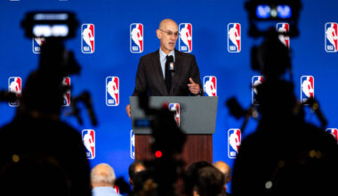 NBA commissioner Adam Silver speaks during a press conference at the Thomas & Mack Center o ...
