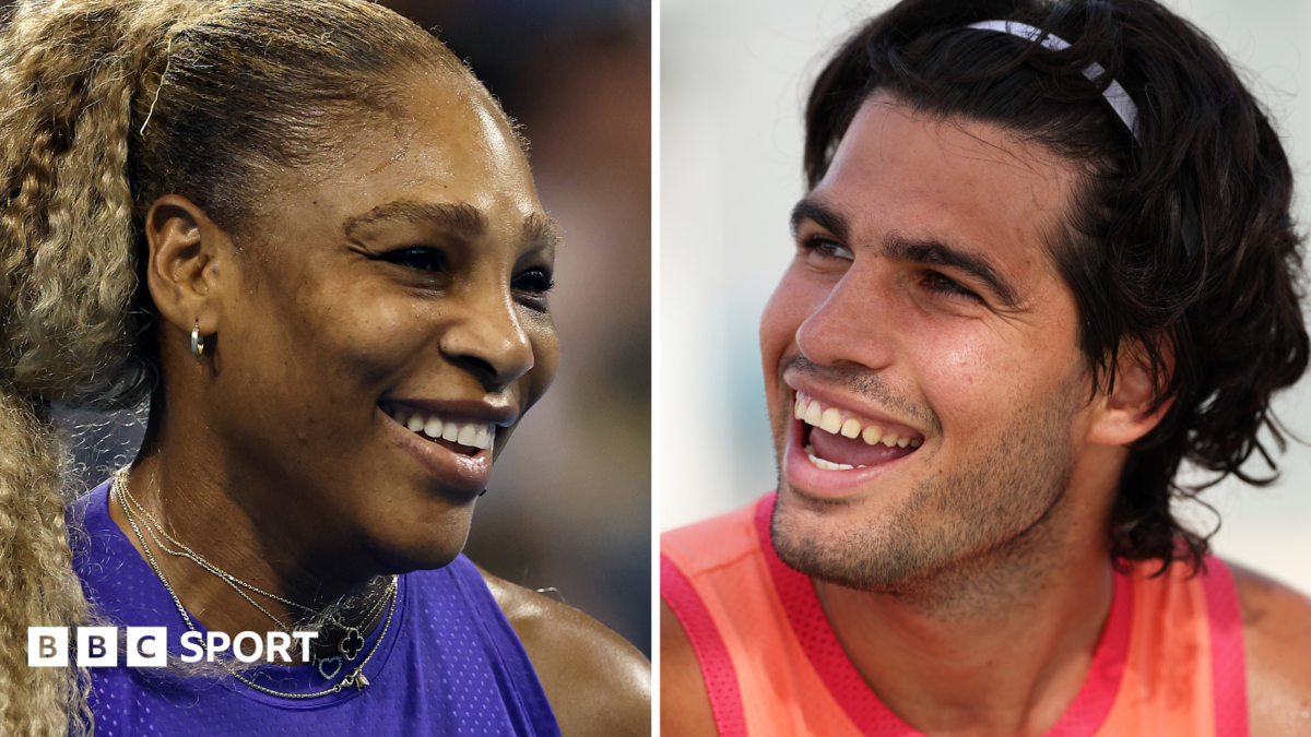Serena Williams and Carlos Alcaraz smile on the court