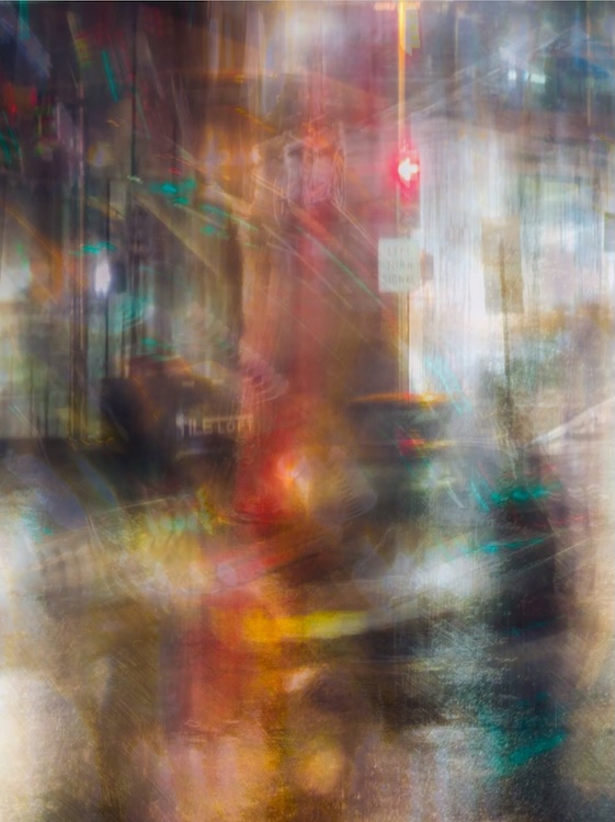 An abstract ICM image of NYC in rain, field of layered vertical blurs glows with muted reds, yellows, greens, blues, and reflected light. ©CynthiaGladis