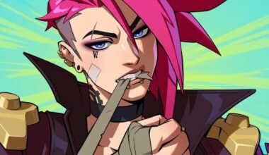 A pink-haired woman bandages her arm.