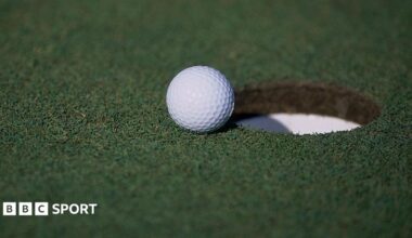A general view of a golf ball sitting near a hole