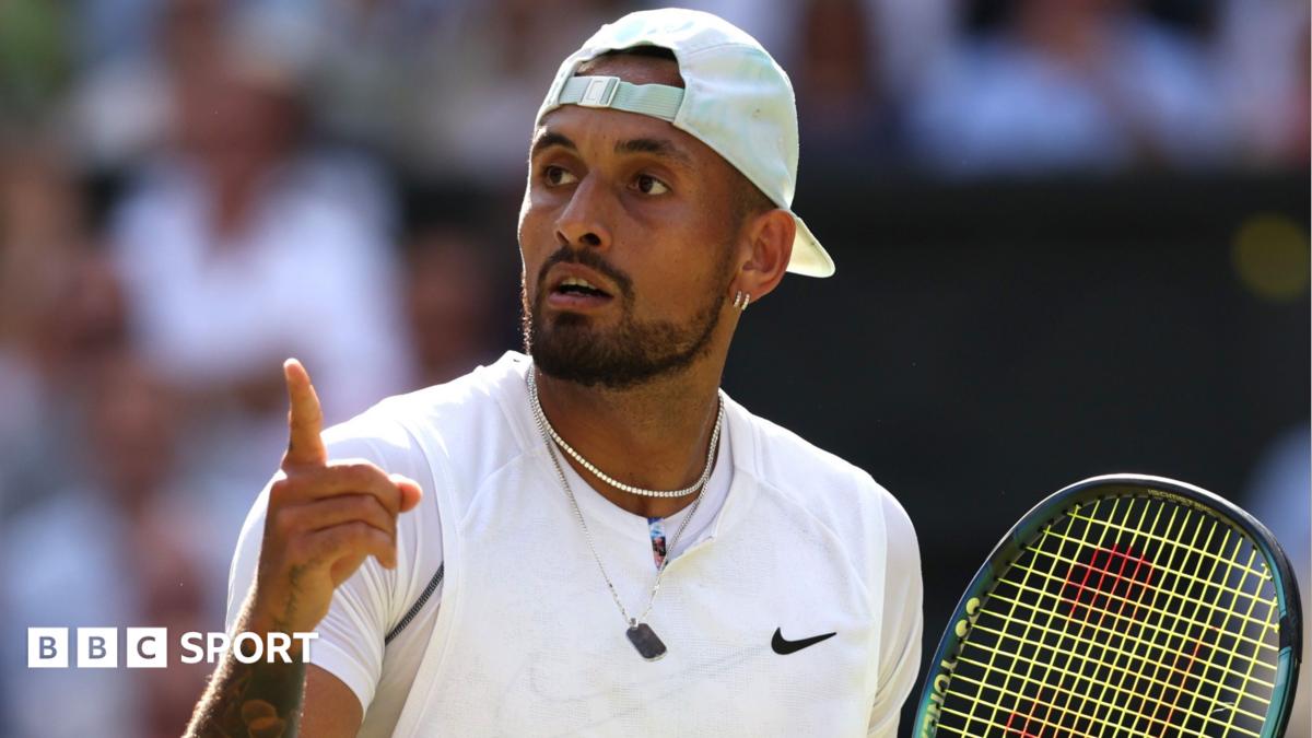 Nick Kyrgios gestures after a point in the Wimbledon men's singles final in 2022