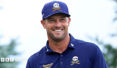 Bryson DeChambeau smiles while competing at the LIV Golf Indianapolis event
