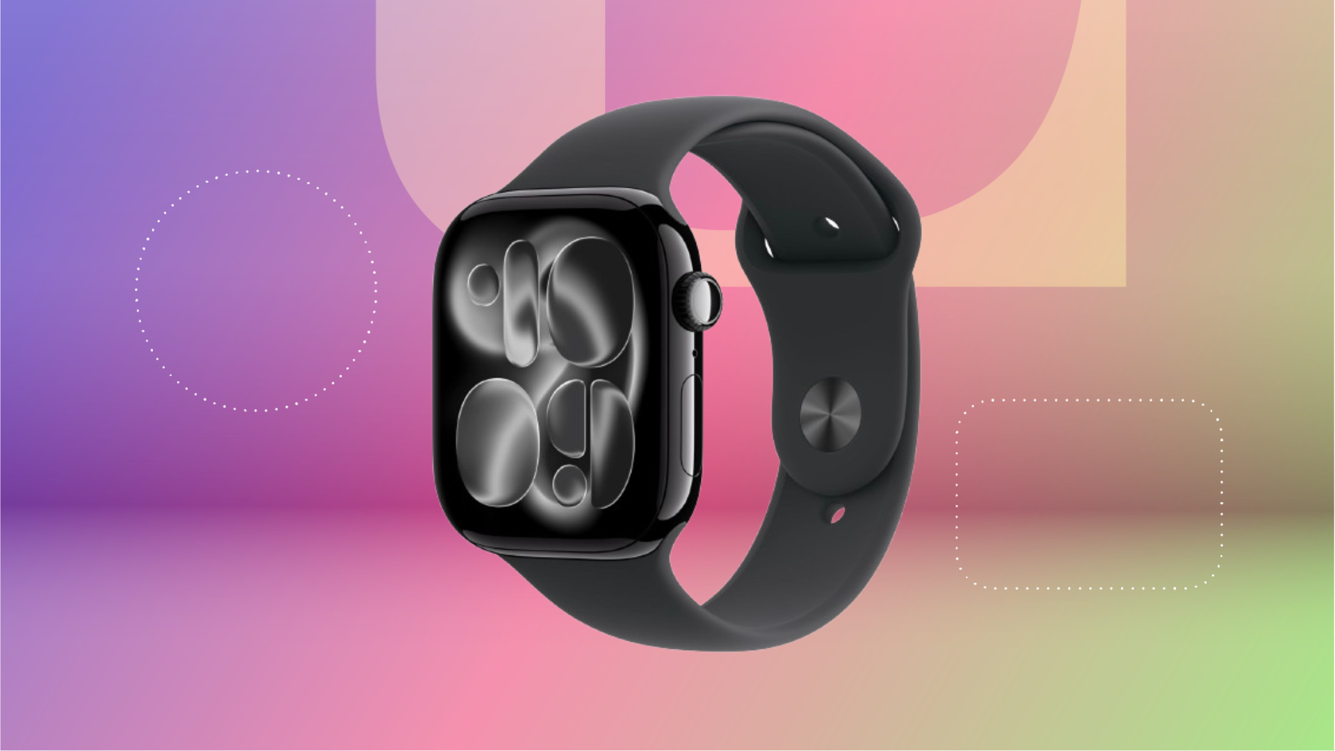 Apple Watch Series 11 with black wrist band against purple, pink and green CNET background.