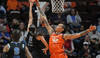 Sun center Brittney Griner (right), shown in action earlier this season, snuffed Phoenix's Kelsey Plum on a go-ahead 3-point attempt with one second left to give Connecticut a big victory Friday in Uncasville, Conn.