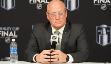 NHL deputy commissioner Bill Daly speaks at a press conference before game one of the 2023 Stanley Cup Final between the Florida Panthers and Vegas Golden Knights at T-Mobile Arena.