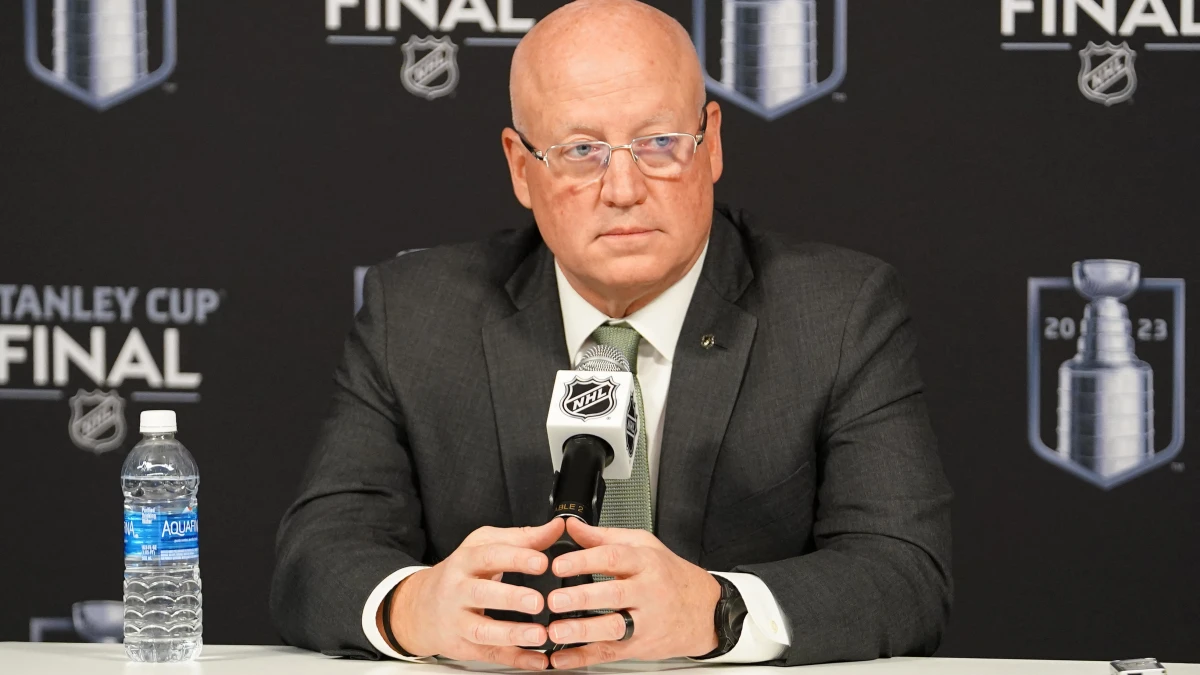 NHL deputy commissioner Bill Daly speaks at a press conference before game one of the 2023 Stanley Cup Final between the Florida Panthers and Vegas Golden Knights at T-Mobile Arena.