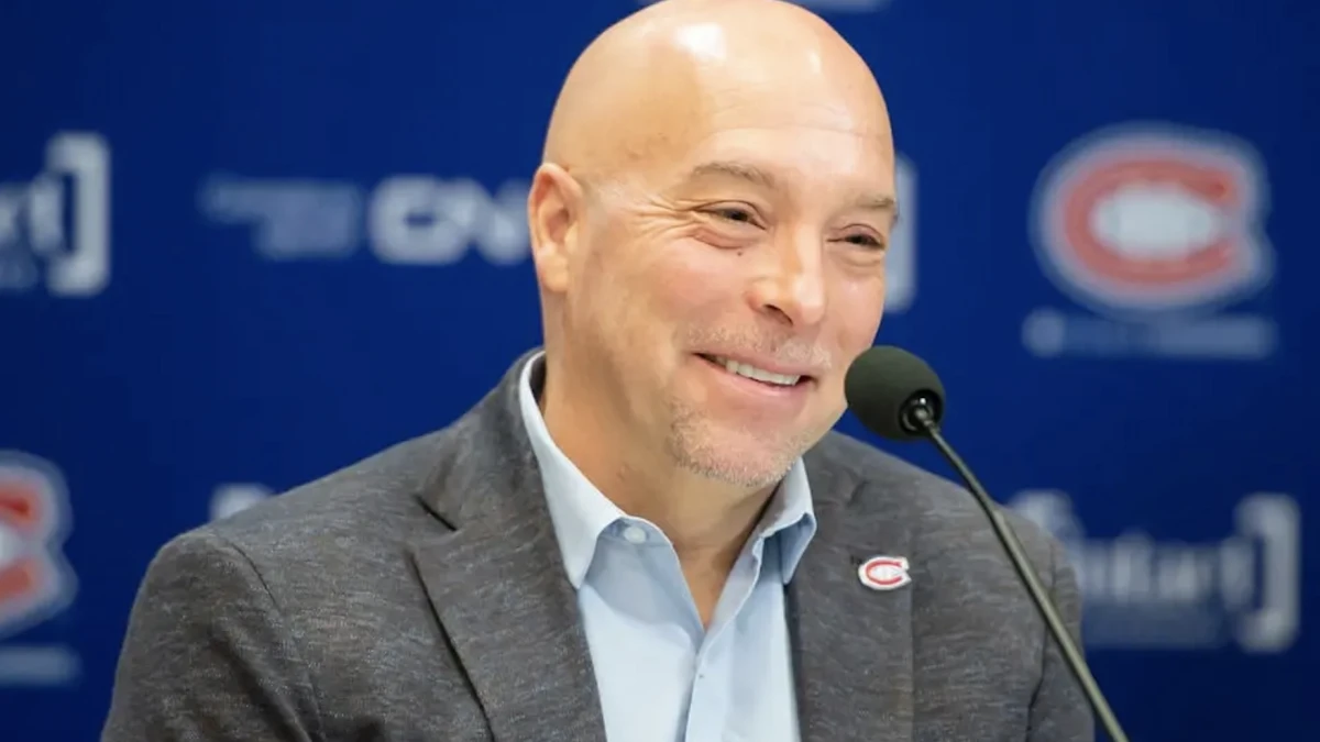 Photo of Canadiens GM Kent Hughes during press conference.