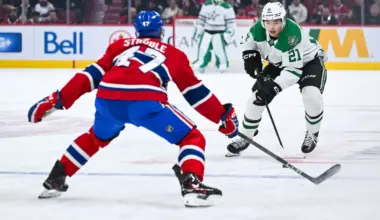 Dallas Stars left wing Jason Robertson (21) plays the puck against Montreal Canadiens defenseman Jayden Struble (47) during the first period at Bell Centre.